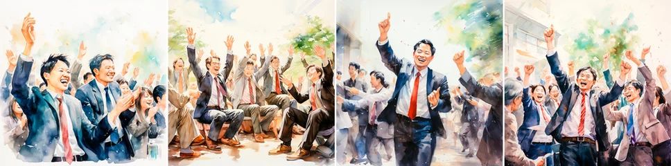 Foto op Plexiglas Middle-aged Japanese corporate executives depicted in vector and watercolor illustrations clap their hands and give a standing ovation as a sign of appreciation or recognition. © Sasha