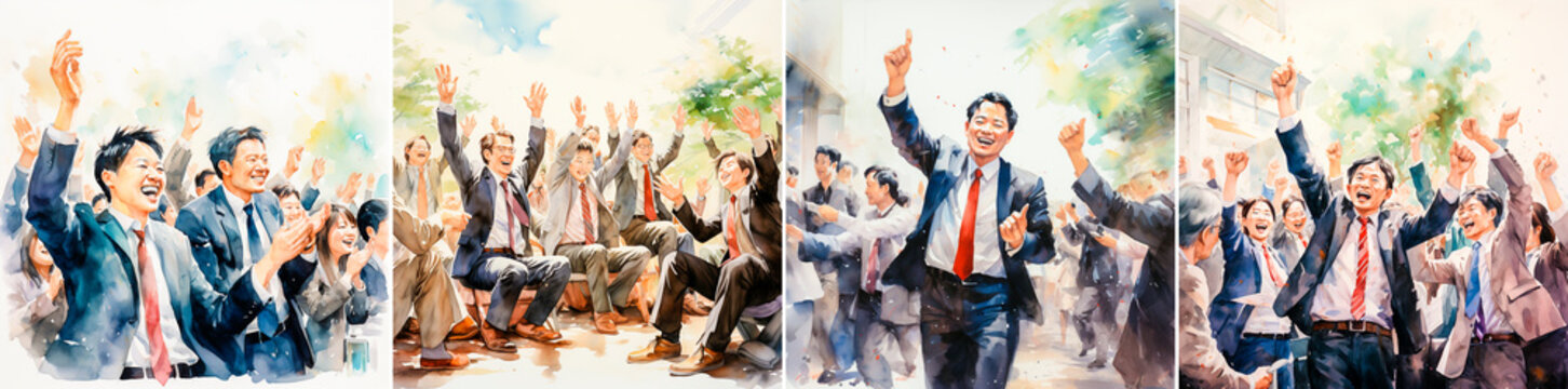 Middle-aged Japanese corporate executives depicted in vector and watercolor illustrations clap their hands and give a standing ovation as a sign of appreciation or recognition.