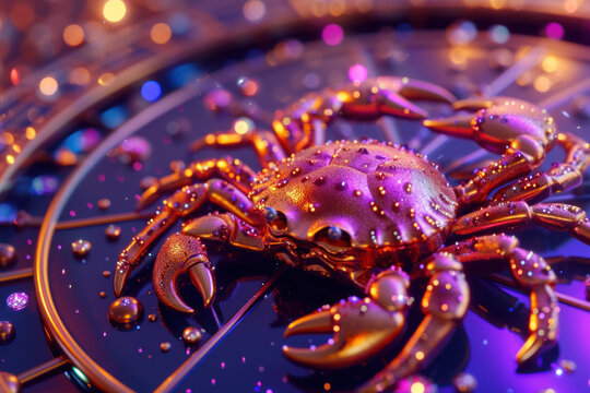 Cancer zodiac sign against horoscope wheel. Astrology calendar. Esoteric horoscope and fortune telling concept.