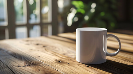 A minimalist coffee mug mockup placed on a rustic wooden table, highlighting its exquisite shape and inviting texture. This blank canvas allows you to bring your own creative designs to life
