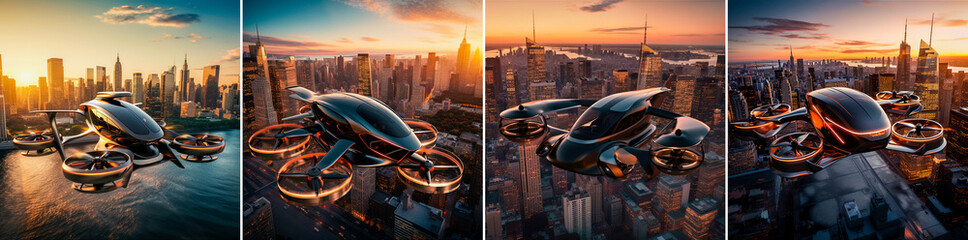Create a photorealistic image of a copter flying over New York City at dusk. Capture the futuristic design and technology of the aircraft. Use lighting and atmospheric effects to create dramatic
