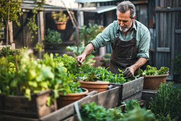 Happy Elderly man gardening and Cultivating plants in beds