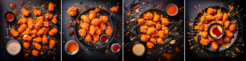 Delicious and crispy popcorn style chicken pieces. Delicious Southern fried chicken with crispy skin. Appetizing drops of sauce add piquancy and attractiveness to the dish. - obrazy, fototapety, plakaty