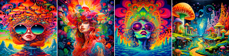 Captivating and vibrant images. Psychedelic aesthetics. Visually stimulating artwork featuring women.