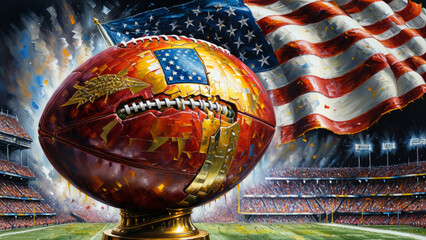 America Football Glory: Illustration concept of an abstract Football Ball Trophy in a Stadium, accompanied by the Proud American Flag, Glittering Golden Trophy, Majestic  American Football - obrazy, fototapety, plakaty