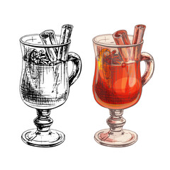 Mulled wine glass with ingredients. Vintage hatching vector illustration