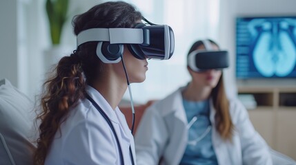 Two young female doctors studying at intern practice using VR technology