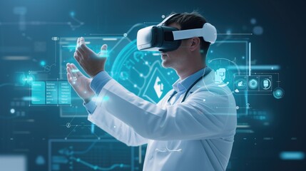 Doctor wearing VR glasses leading consultation with his patient online using modern futuristic technology