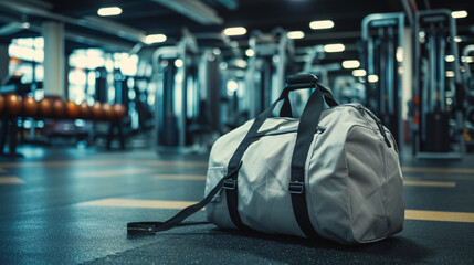 A sleek and spacious gym bag mockup, set against the backdrop of a modern fitness center. This mockup highlights the bag's impressive size and premium fabric quality, making it a perfect cho - obrazy, fototapety, plakaty