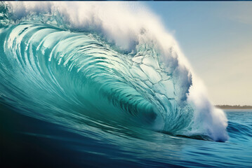 Blue ocean wave with white foam and blue sky. 