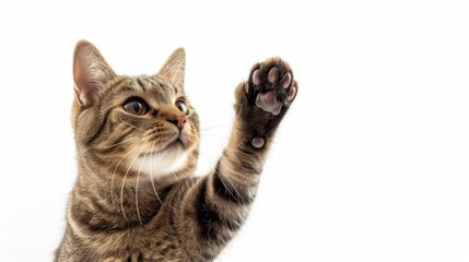 Obraz premium A graceful tabby cat displays its regal stature with a raised paw, exuding confidence and elegance in every step