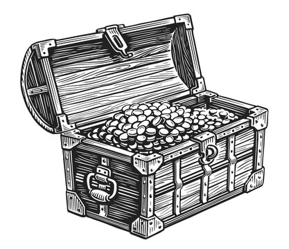 Wooden pirate chest full of treasures of gold coins. Hand drawn sketch vector illustration