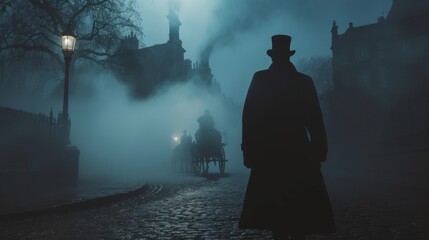 A mysterious figure in a top hat strides through the foggy winter streets, surrounded by horse-drawn carriages and the looming silhouettes of trees, their elegant clothing blending into the misty sur - obrazy, fototapety, plakaty