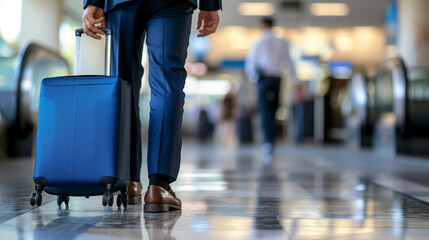 A businessman at the airport walks with a suitcase to board the plane