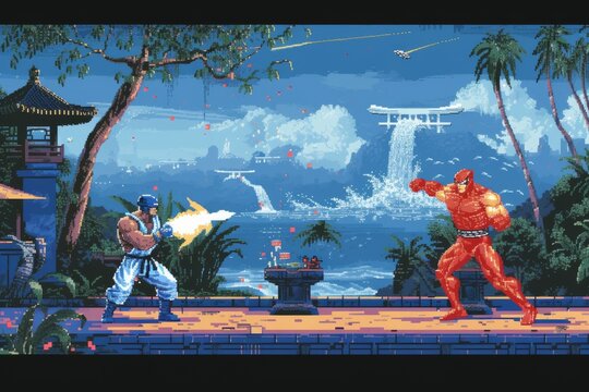 In this action-packed screenshot from a pc game, a cartoonish man and a fiery red superhero clash amidst an outdoor setting, evoking the thrilling and dynamic style of an anime