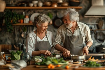 Happy senior couple cooking together in the kitchen