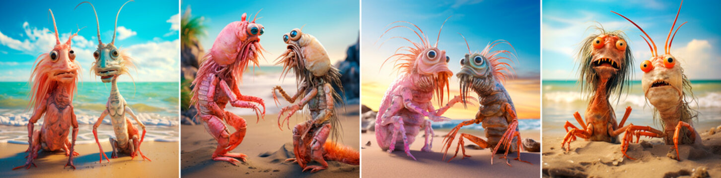 Photorealistic shrimp characters in fantasy style. Friendly and humorous interaction between shrimp on the beach. Highly detailed and visually appealing image of shrimp.