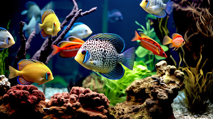 Fototapeta na wymiar Tropical colorful fish in an aquarium with seaweed.