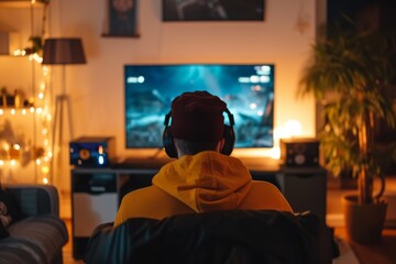 Fototapeta premium A solitary figure sits in an indoor room, surrounded by walls and furniture, their human face transfixed by the glowing television screen, lost in thought and emotion