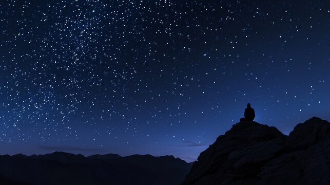 A solitary figure contemplates the vastness of the universe, perched atop a rocky outcrop beneath a star-studded sky, surrounded by the majestic beauty of the mountains and the peacefulness of the ni