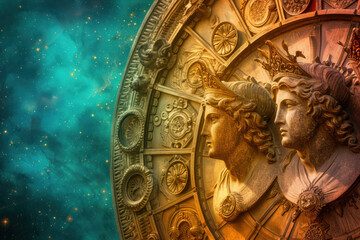 Gemini zodiac sign against horoscope wheel. Astrology calendar. Esoteric horoscope and fortune telling concept. - obrazy, fototapety, plakaty