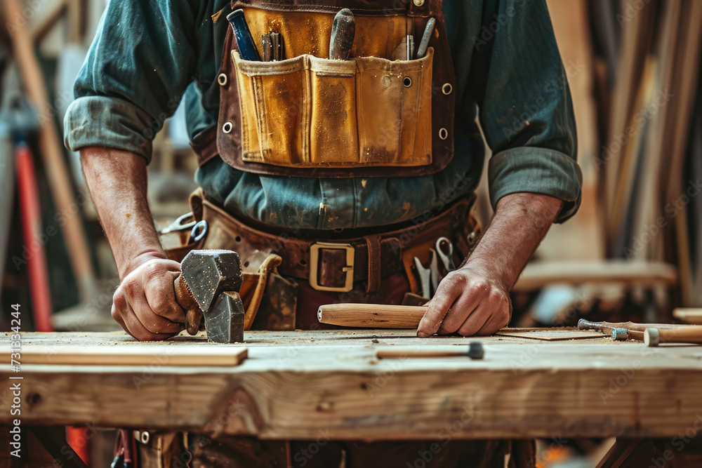 Poster carpenter building a table in a workshop with a hammer and a handy look on their face and a tool bel