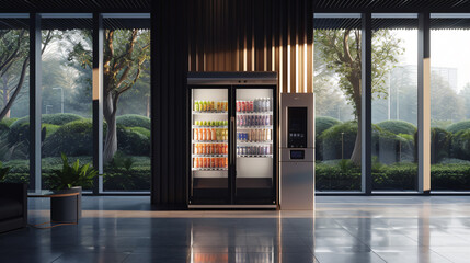 Modern, sleek vending machine mockup in a bustling public space, highlighting its spacious design and ample branding panel for promotional messages.