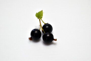 Three ripe currants on a branch with a green leaf.