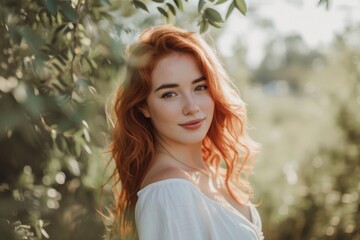 A vibrant woman with flowing red hair stands amongst the trees, radiating confidence and beauty as she poses for a portrait in the great outdoors