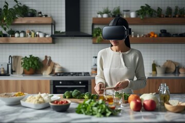 A woman in a virtual reality headset cooks up a nutritious meal in her indoor kitchen, surrounded by fresh vegetables and fruits while mixing ingredients in a colorful bowl