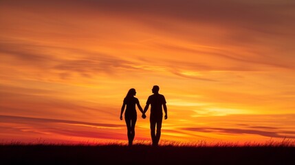 Two lovers stand hand in hand, their silhouettes backlit by the warm afterglow of the setting sun, as they bask in the beauty of nature's evening sky