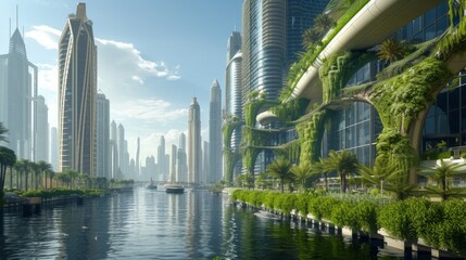 A mesmerizing metropolis, a towering skyscraper reflected in the tranquil waters of a river, surrounded by lush green plants, creating a serene oasis in the heart of the bustling city