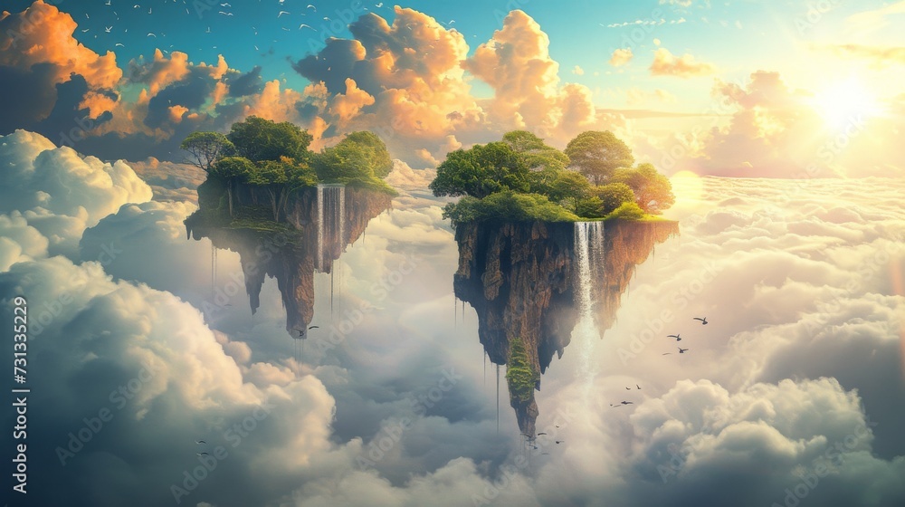 Poster a tranquil oasis suspended in the sky, where trees sway in the breeze and a cascading waterfall refl