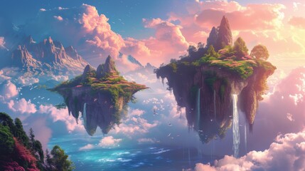 An ethereal landscape painted in vibrant anime hues, where trees sway in the breeze atop floating islands amidst a sea of clouds and a cascading waterfall, evoking a sense of wonder and tranquility i - obrazy, fototapety, plakaty