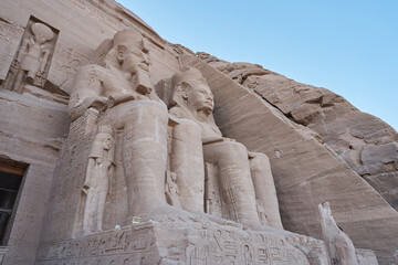 Great Abu Simbel ancient temple of Pharaoh Ramses II in southern Egypt in Nubia next to Lake Nasser.