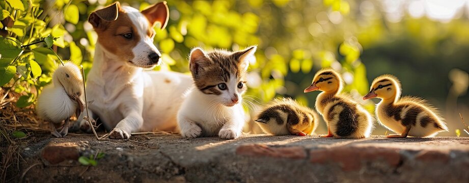 Cute pets - kitten, dog, and ducklings, gathered outdoors during summer