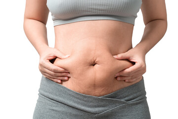 Chubby woman hand holding belly fat, Women diet lifestyle concept, Isolated on white background.