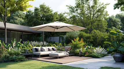 A stunning photo of an elegant upscale patio umbrella in a beautifully landscaped garden setting. This mockup proudly displays the umbrella's generous size and its high-quality material, per - obrazy, fototapety, plakaty