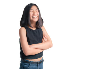 Asian girl standing with crossed arms and laughing, isolate white background with selective path.