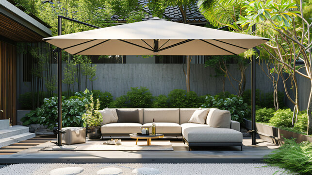 A stunning photo of an elegant upscale patio umbrella in a beautifully landscaped garden setting. This mockup proudly displays the umbrella's generous size and its high-quality material, per