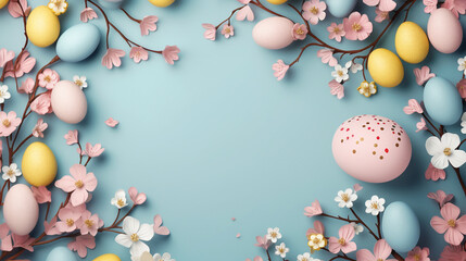 Easter eggs and beautiful pink flowers on blue background. Frame. Top view. Copy space.