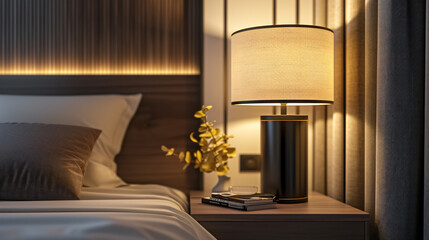 A stunning upscale table lamp is elegantly displayed on a modern nightstand, radiating a warm and inviting glow. Its sleek design and impeccable craftsmanship make it a statement piece in an