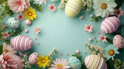 Easter eggs and various beautiful flowers on green background. Frame. Top view. Copy space.