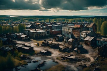 "Paint a picture of post-apocalyptic city in Sweden with a devastated landscape, vast and beautiful