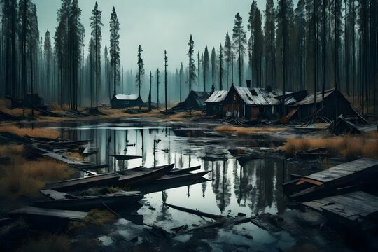 "Paint a picture of post-apocalyptic city Arvika in Sweden with a devastated landscape, vast and beautiful