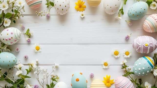 Easter eggs and daisies on white wooden background. Frame. Top view. Copy space. 