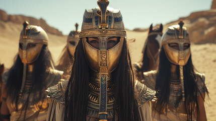 Ancient Egyptian army of elite female warriors with golden helmets. - obrazy, fototapety, plakaty