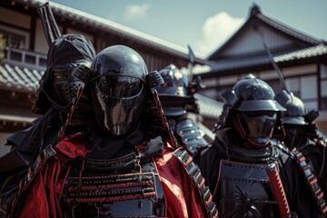 A fierce group of knights adorned in black armor and helmets stand stoically under the vast open sky, their imposing breastplates and cuirasses gleaming in the sunlight, embodying a powerful and enig
