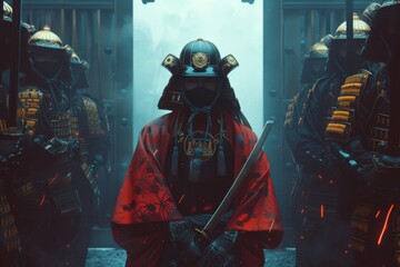 Naklejka premium A diverse team dons their protective gear, armed with weapons and ready for battle in a thrilling digital adventure set in a world of violence and danger