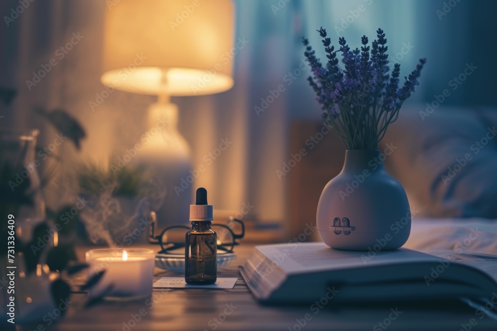 Poster a serene indoor scene, with a vase of delicate flowers illuminated by a warm lampshade and the soft 